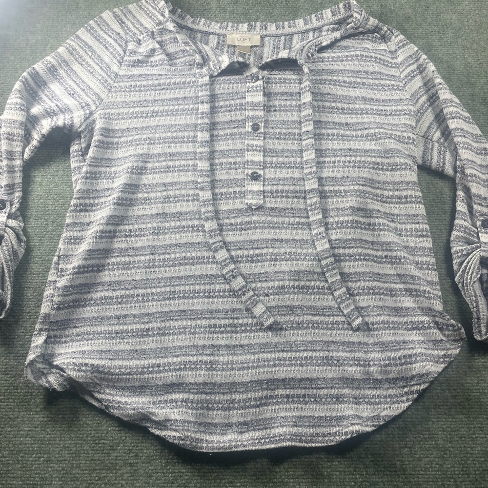 LOFT Blue and‎ White Striped Tie-Neck Henley Top